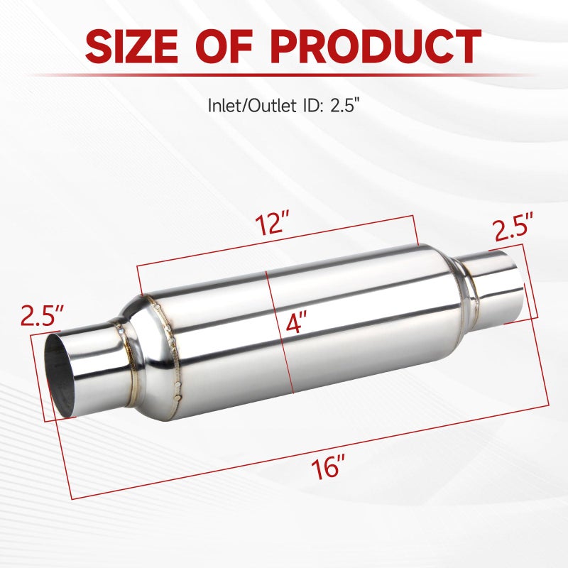 LCGP 2.5" inlet & outlet Universal Resonator, 16" Long Performance Muffler, Weld- On, Straight Through Design, Deep Tone - Image 2